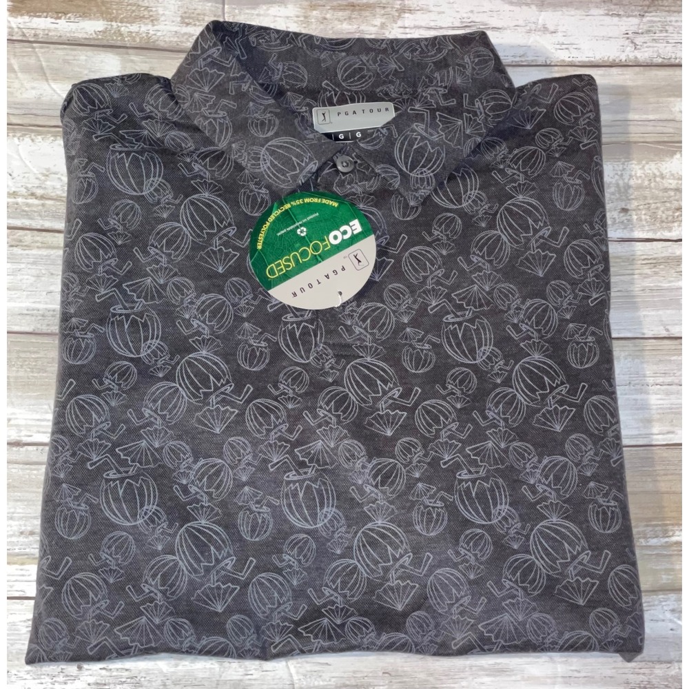 PGA Tour Men's Golf Polo Shirt Eco Focused Print Gray‎ Short Sleeve Large
